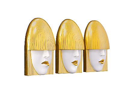 Fashion Faces Wall Art Small, White and Gold Leaf, Set of 3